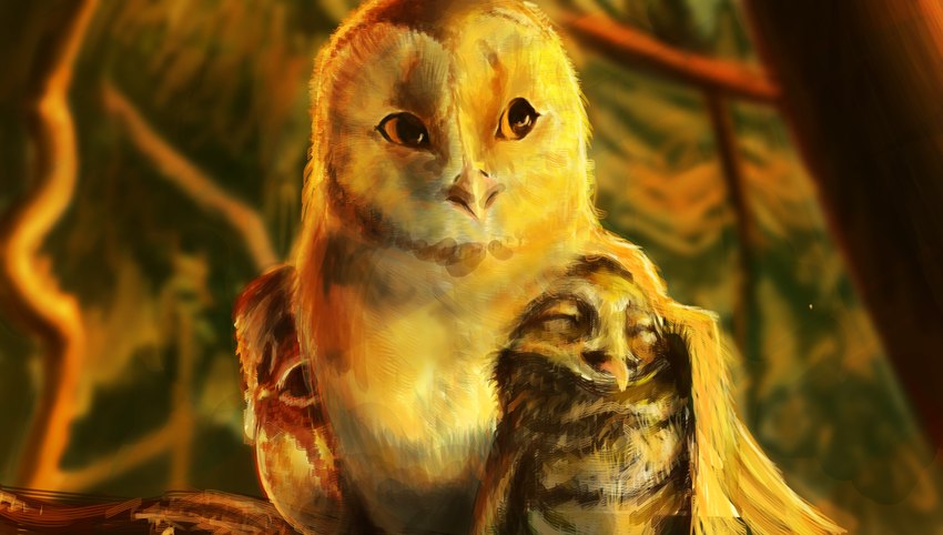 brown_body brown_feathers eyes_closed feathers female feral group male size_difference trio white_body white_feathers yellow_eyes holymoon guardians_of_ga'hoole digger_(gogh) gylfie soren_(gogh) avian barn_owl bird owl tyto tytonid absurd_res hi_res