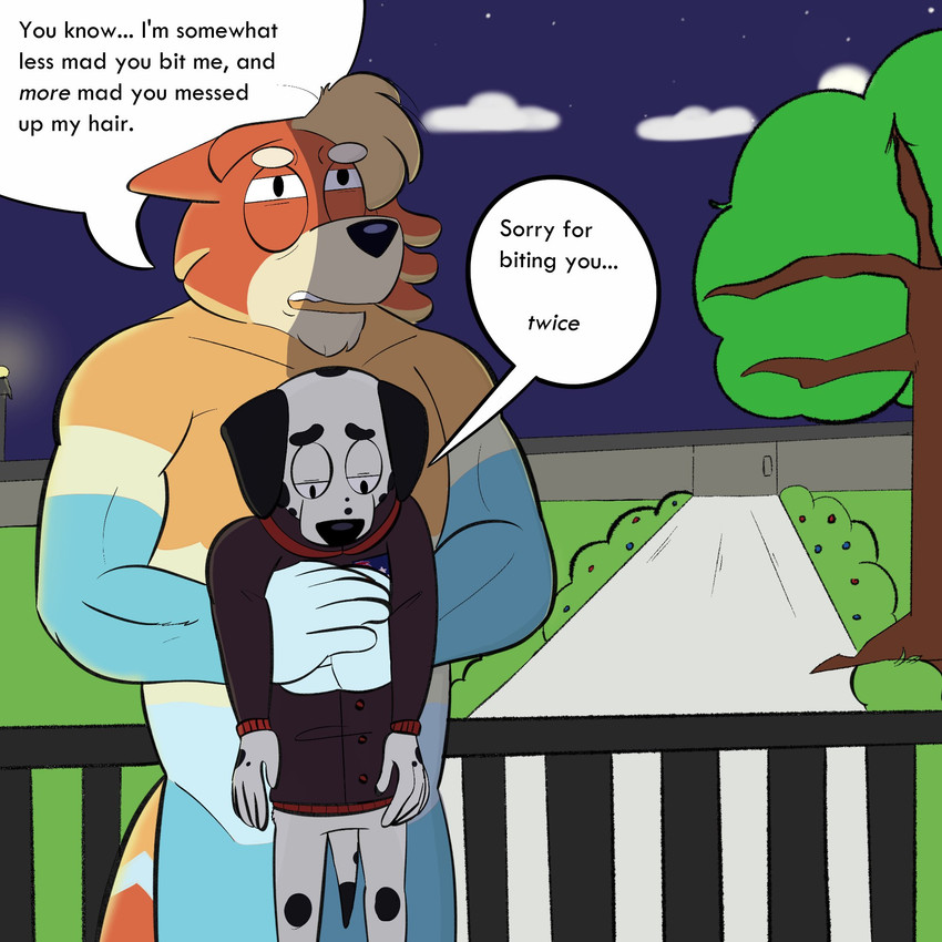 anthro apology australian_flag black_body black_ears black_eyes black_fur black_nose black_spots black_tail blue_body blue_fur brown_clothing brown_jacket brown_topwear carrying_another clothing cloud dialogue duo fur grass hair half-closed_eyes holding_another jacket looking_at_self looking_down male markings multicolored_body multicolored_clothing multicolored_fur multicolored_tail multicolored_topwear narrowed_eyes night orange_body orange_ears orange_fur orange_hair orange_tail outside plant size_difference speech_bubble spots spotted_body spotted_fur standing street_lamp tail tan_body tan_fur tan_tail teeth text topwear tree two_tone_body two_tone_clothing two_tone_fur two_tone_jacket two_tone_tail two_tone_topwear white_body white_fur white_tail beargarbage bluey_(series) frank_(bluey) radley_heeler australian_cattle_dog canid canine canis cattledog dalmatian domestic_dog herding_dog mammal pastoral_dog 1:1 2022 digital_media_(artwork) english_text hi_res