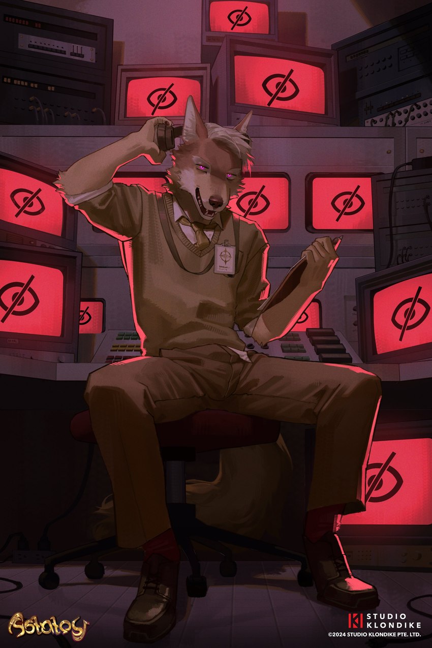 5_fingers anthro biped bottomwear chair clothed clothing fingers footwear fur furniture male pants shoes solo tail nyaalgebra astatos studio_klondike varius_(astatos) canid canine canis jackal mammal 2:3 absurd_res hi_res