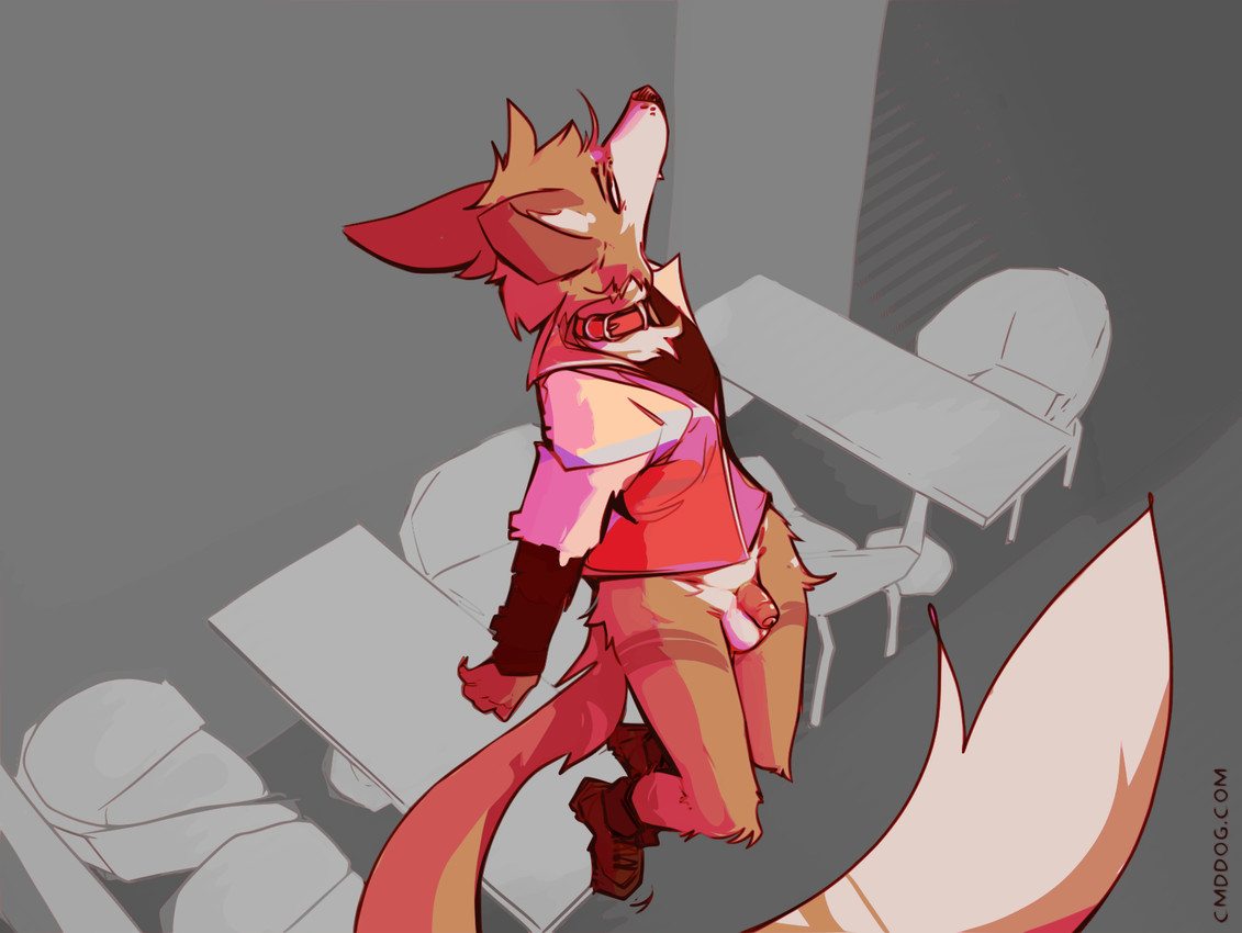 anthro balls biped bottomless bottomless_anthro bottomless_male brown_body brown_fur clothed clothing collar flaccid floating foreskin fur genitals humanoid_genitalia humanoid_penis male male_anthro multicolored_body multicolored_fur penis solo white_body white_fur lawyerdog cantio_(lawyerdog) canid canine canis coyote mammal 2025 digital_media_(artwork) hi_res