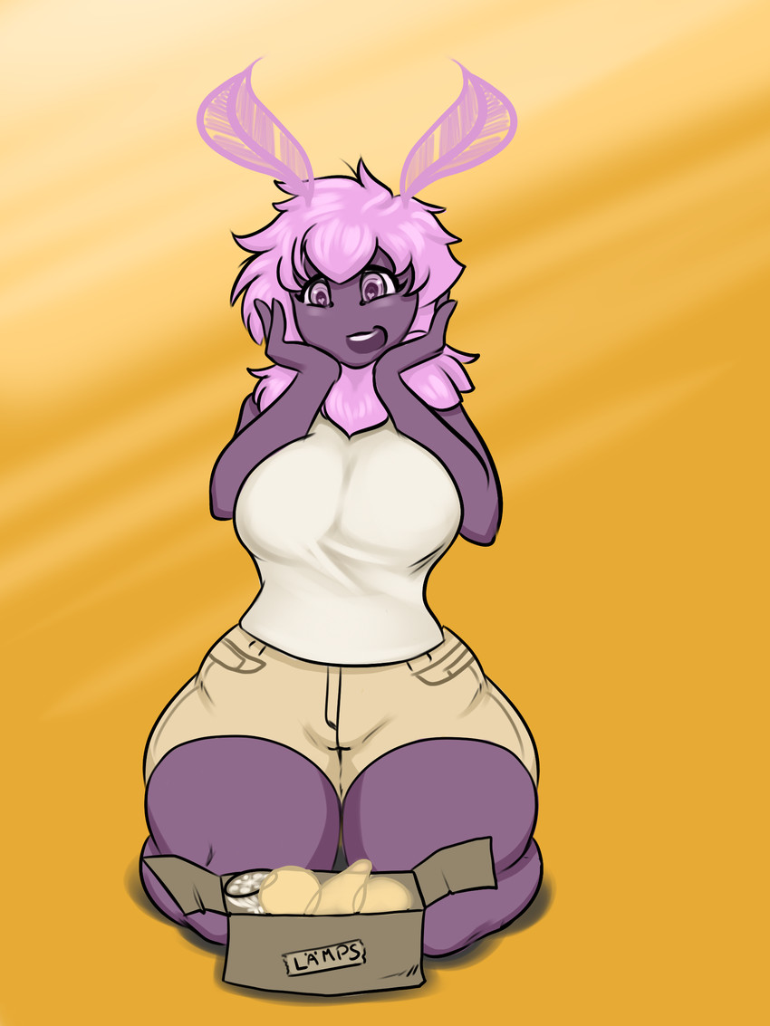 antennae_(anatomy) anthro big_breasts breasts female hair happy heart_eyes heart_symbol non-mammal_breasts pink_hair solo thick_thighs blackbetty arthropod insect lepidopteran moth 3:4 absurd_res hi_res