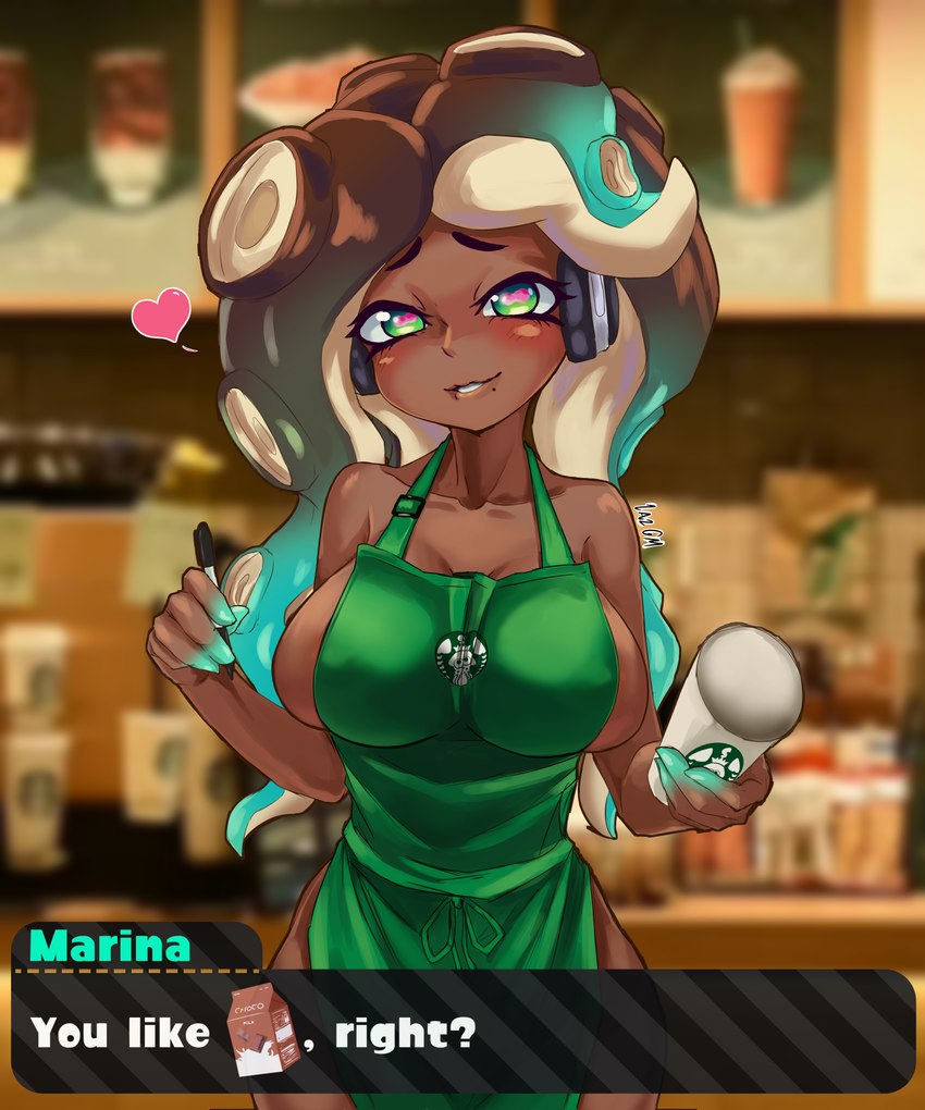 apron apron_only breasts clothing container cup dark_body dark_skin dialogue electronics female green_eyes headphones heart_symbol holding_container holding_cup holding_object holding_pen holding_writing_utensil looking_at_viewer markings mole_(marking) mostly_nude pen pseudo_hair smile solo tentacle_hair tentacles text text_box writing_utensil gm_laz i_mean_breast_milk nintendo splatoon starbucks marina_(splatoon) animal_humanoid cephalopod cephalopod_humanoid humanoid marine marine_humanoid mollusk mollusk_humanoid octarian octoling 2021 5:6 english_text hi_res meme signature