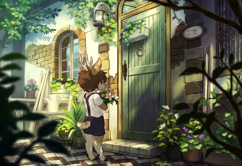 anthro antlers bouquet door fawn_spots flower flower_bouquet horn male outside plant solo suspenders young young_anthro young_male nishiko24 shika_(nishiko24) cervine deer mammal sika_deer 2014