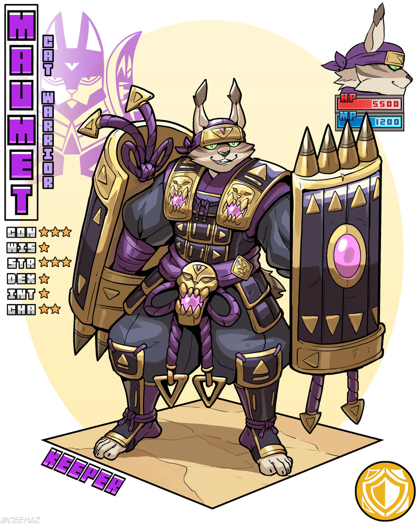 5_toes anthro arm_wraps armor brown_body brown_fur claws clothed clothing cuirass ear_tuft faulds feet footwear fur gameplay_mechanics gauntlets_(weapon) greaves green_sclera gui health_bar humanoid_feet kerchief kusazuri male mana_bar oversized_clothing plantigrade sode solo standing stats text toe_claws toeless_footwear toes toothy_grin tuft wraps ceehaz dog_knight_rpg felid feline lynx mammal 2026 4:5 absurd_res english_text hi_res signature