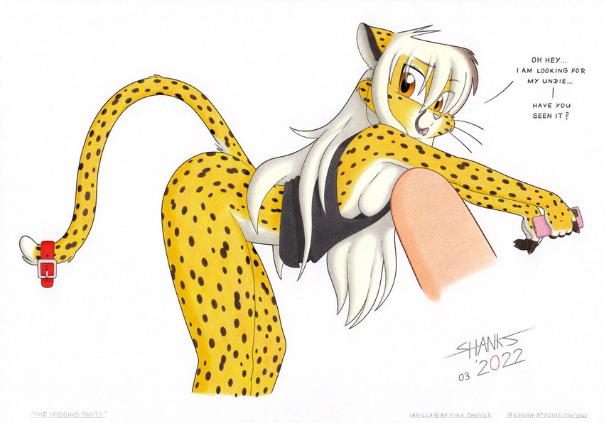 anthro bottomless breasts butt cellphone clothed clothing collar electronics female hair long_hair no_underwear phone raised_tail shirt side_boob smartphone solo tail tank_top toony topwear tirashanks_(artist) vanilla_(tirashanks) cheetah felid feline mammal