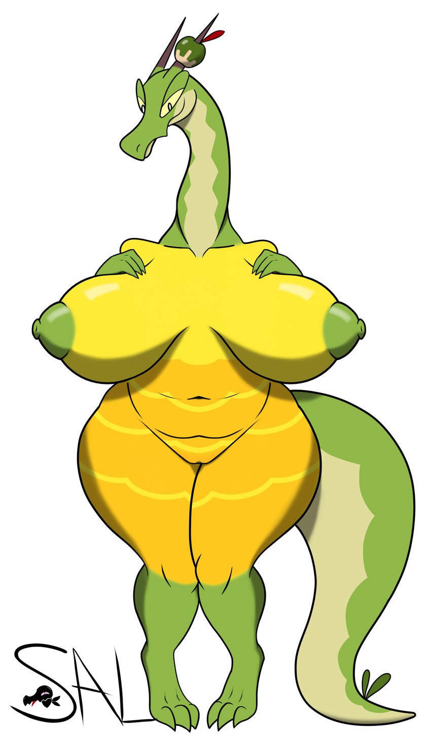 anthro areola big_breasts breasts digitigrade female genitals green_areola green_body green_nipples green_scales hand_on_chest huge_breasts navel nipples nude pussy scales simple_background smile solo thick_thighs white_background white_eyes wide_hips yellow_body yellow_scales yellow_sclera salandile nintendo pokemon generation_9_pokemon hydrapple pokemon_(species) scalie shiny_pokemon absurd_res hi_res