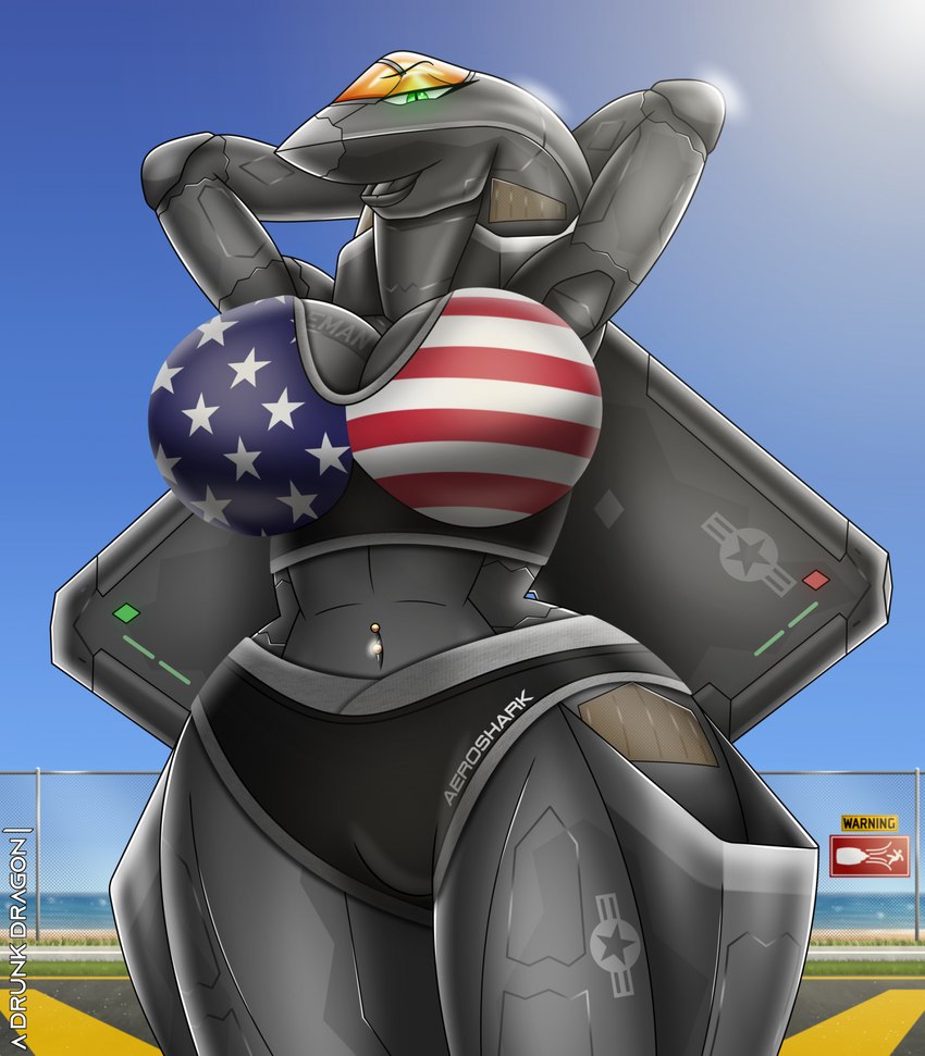 aircraft american_flag american_flag_clothing anthro big_breasts breasts f-23 female green_eyes hands_behind_head machine navel navel_piercing piercing solo thick_thighs united_states_of_america vehicle a_drunk_dragon u.s._air_force aircraft_humanoid living_aircraft living_machine living_vehicle hi_res