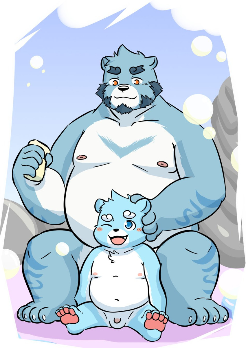 age_difference anthro balls bathing beard belly blue_body blue_eyes blue_fur blush duo facial_hair flaccid fur genitals humanoid_hands kemono larger_male male moobs navel nipples nude older_male one_eye_closed open_mouth open_smile overweight overweight_male penis sitting size_difference small_penis smaller_male smile soap white_body white_fur young young_anthro younger_male hokolee32 bonasiah full_attack sophring_hao sophring_jie bear mammal 2020 hi_res