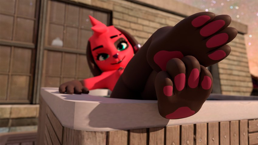 anthro bath breasts feet female foot_focus looking_at_viewer nipples outside paws relaxing smile solo thicchips animal_crossing nintendo cherry_(animal_crossing) cherry_(highwizard) canid canine canis domestic_dog mammal 16:9 3d_(artwork) digital_media_(artwork) hi_res widescreen