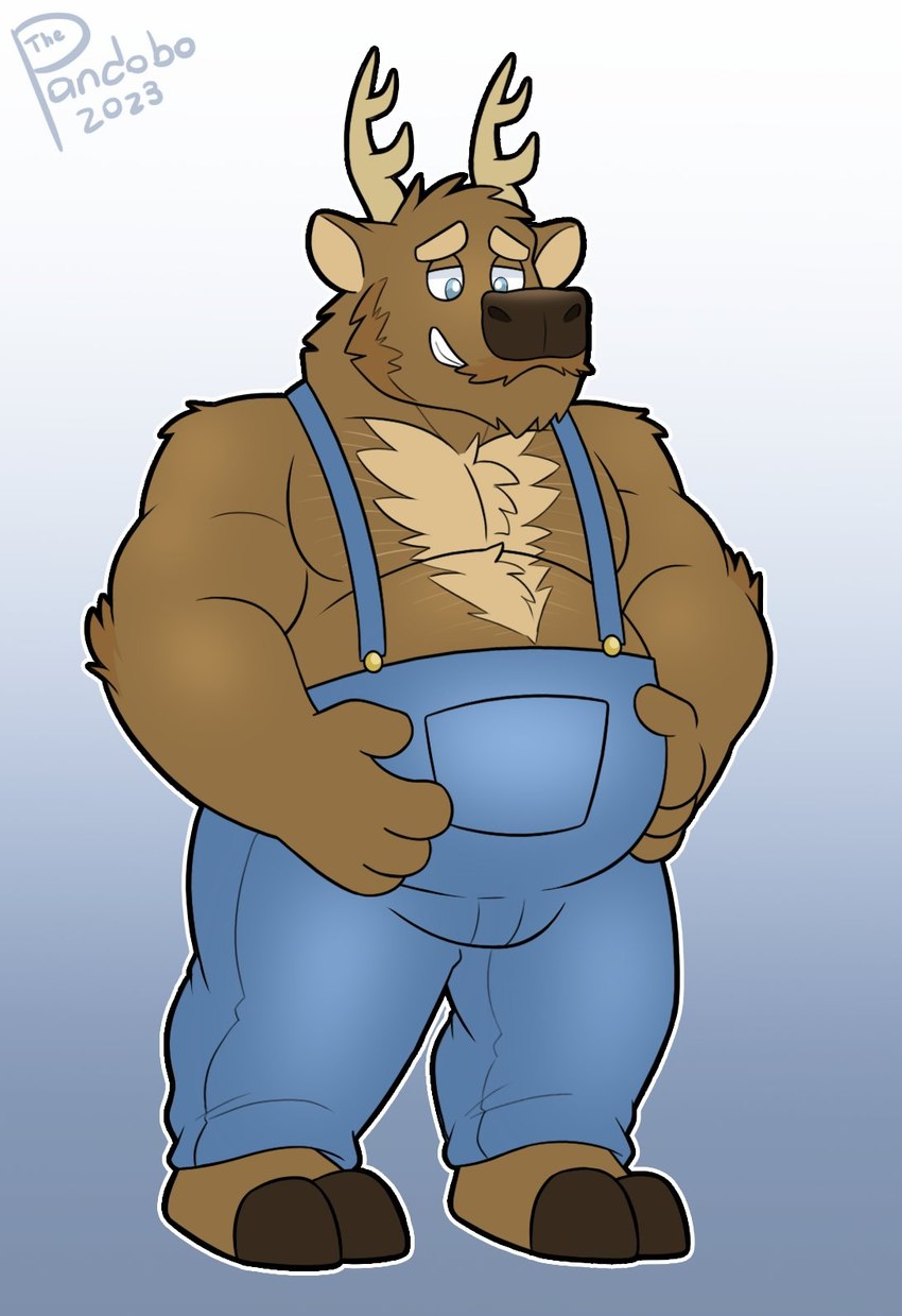 anthro body_hair chest_hair clothing hand_on_belly male overalls shirtless solo thick_thighs wide_hips thepandobo kent_(pacific_coyote) deer mammal 2023 hi_res