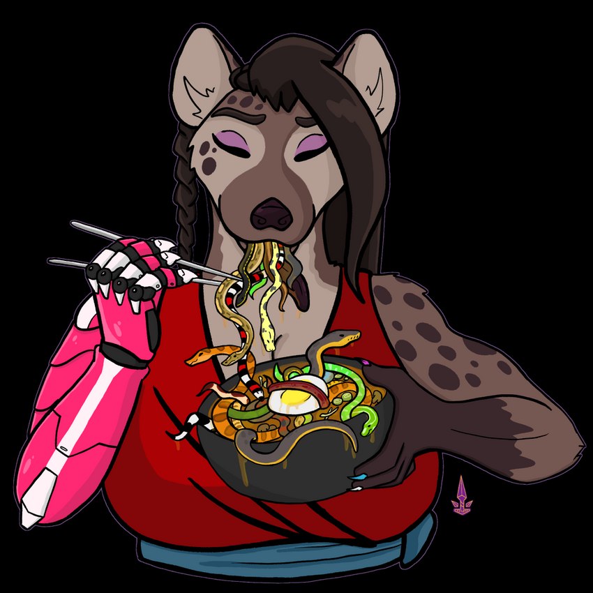 anthro anthro_pred chopsticks clothed clothing cybernetic_arm cybernetic_limb cybernetics female female_pred feral feral_prey food machine multiple_prey noodles oral_vore partially_inside ramen solo soup vore yeenaroo kiyana_(yeenaroo) hyena mammal reptile scalie snake spotted_hyena 1:1 alpha_channel cel_shading colored hi_res shaded