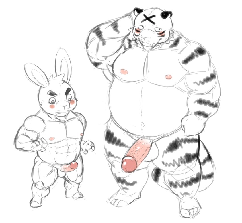 anthro balls belly big_belly big_penis blush duo erection genitals kemono male male/male moobs musclegut muscular muscular_male navel nipples overweight overweight_male penis penis_size_difference hupi1008 felid lagomorph leporid mammal pantherine rabbit tiger 2023 hi_res