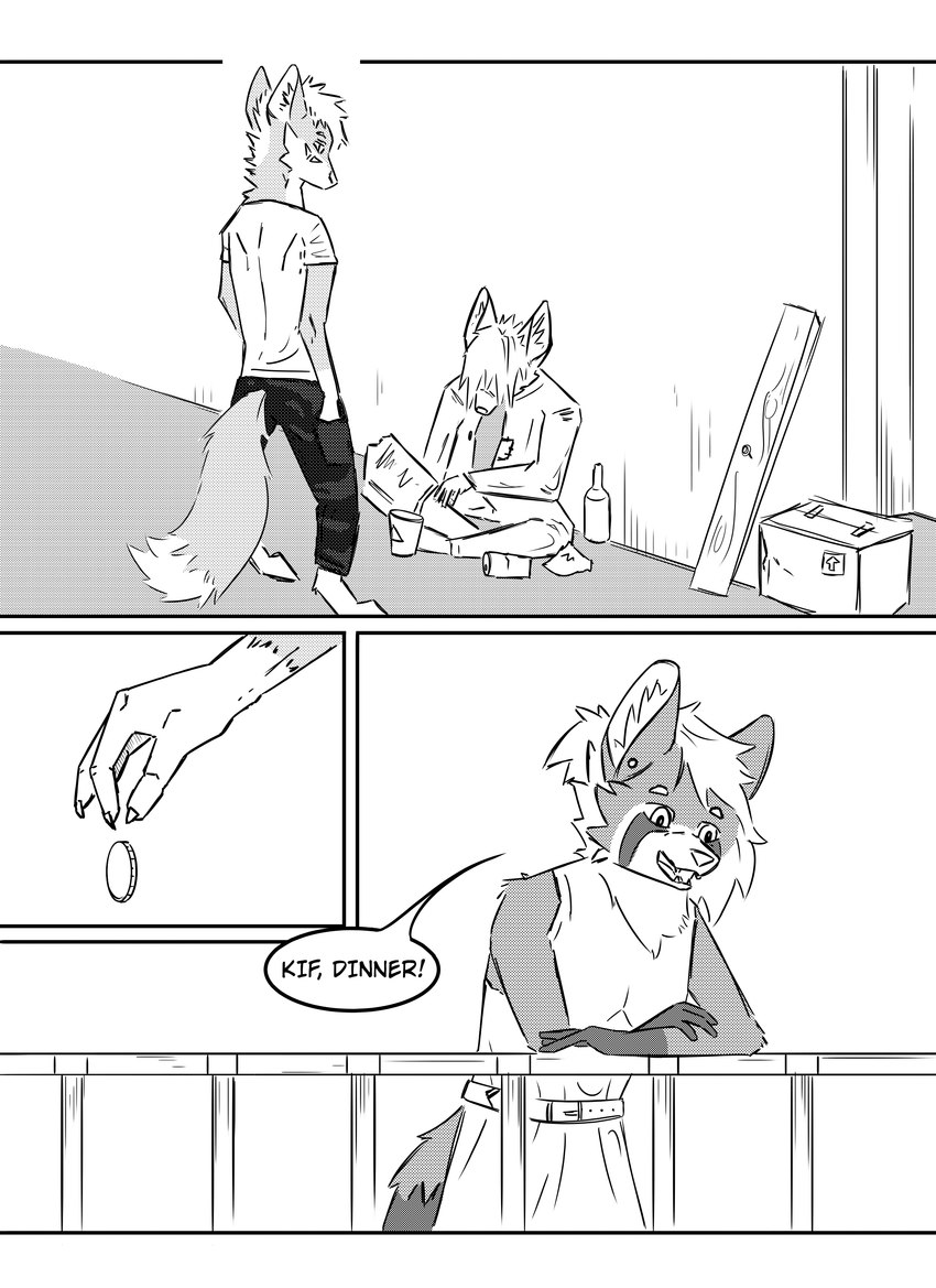 anthro box clothed clothing coin container group homeless male plank railing simple_background speech_bubble text trio kifyun2 kif_yppreah ailurid canid canine fox mammal red_panda absurd_res black_and_white comic hi_res monochrome