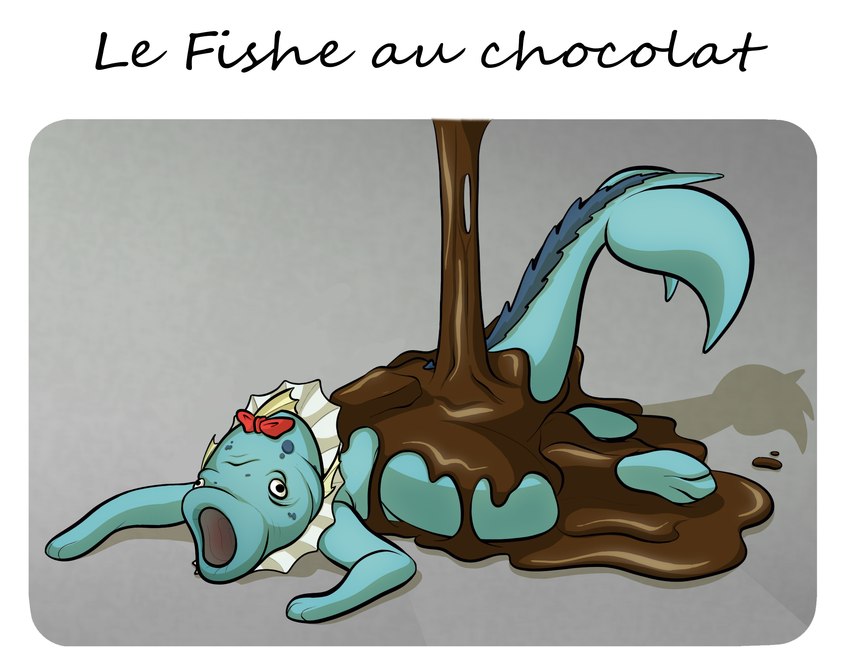 bored candy chocolate dessert feral fish_head food lying male on_ground pouring shitpost solo tail text amazinky le_fishe nintendo pokemon vappy_(dozy) eeveelution fish generation_1_pokemon marine pokemon_(species) vaporeon english_text french_text hi_res meme translated