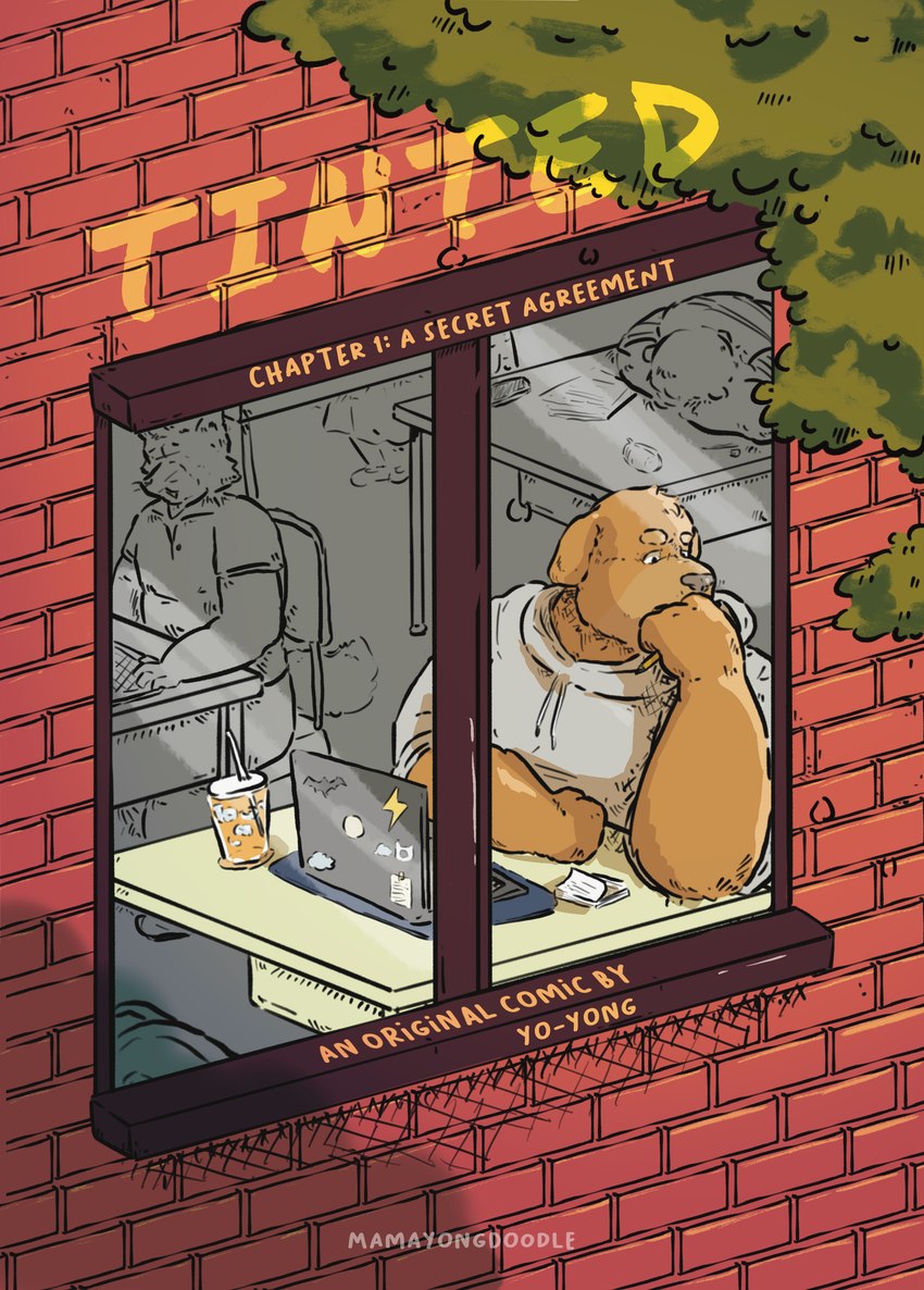 kenn_b male male/male school slightly_chubby slightly_chubby_male university window mamayong_(artist) background_character bear bird_dog brown_bear canid canine canis domestic_dog golden_retriever grizzly_bear hunting_dog hybrid mammal retriever ursine absurd_res colored comic cover cover_art cover_page hi_res