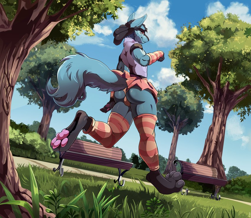 anthro bench bulge butt clothed clothing crossdressing femboy fluffy fluffy_tail grass legwear looking_at_viewer looking_down looking_down_at_viewer low-angle_view male outside pawpads plant smile solo tail thigh_highs tree fight_(artist) nintendo pokemon generation_4_pokemon lucario pokemon_(species) hi_res