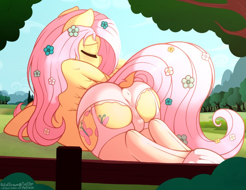 butt camel_toe clitoral_winking clitoris clothing cutie_mark dock_(anatomy) eyes_closed female feral genitals hair long_hair outside pink_hair plant pussy solo tail tree underwear wings ratofdrawn friendship_is_magic hasbro my_little_pony mythology fluttershy_(mlp) equid equine mammal mythological_creature mythological_equine pegasus absurd_res hi_res