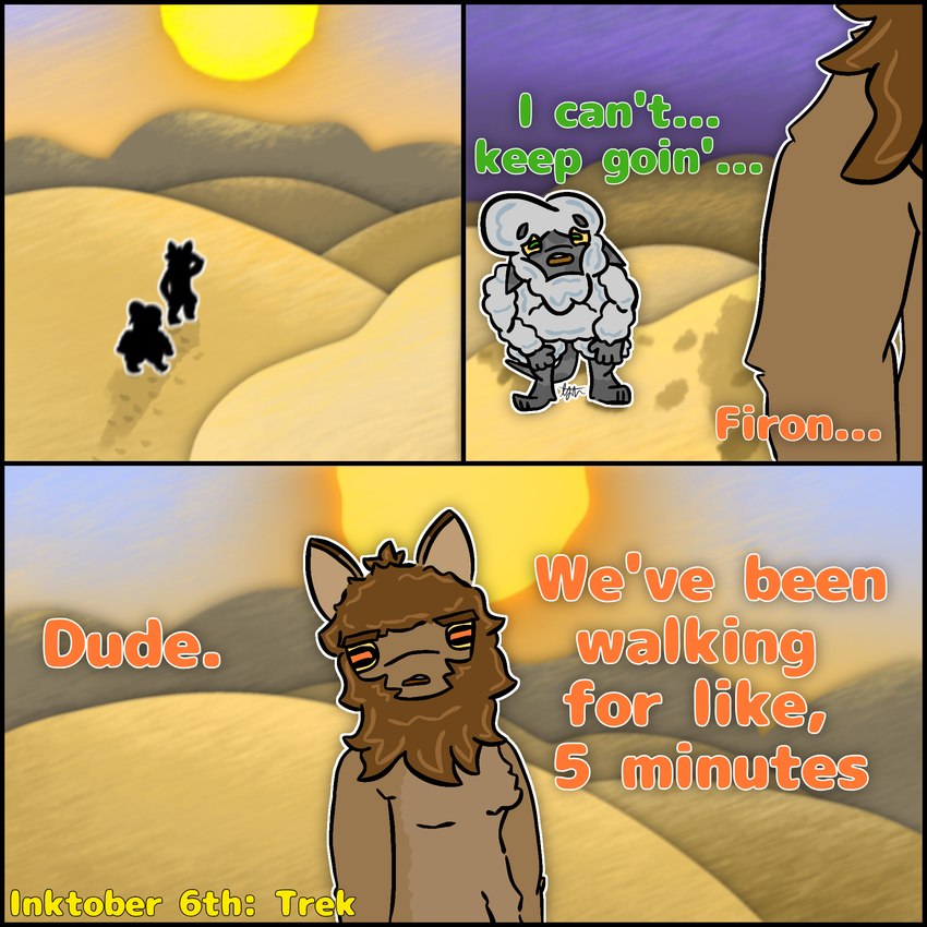 anthro black_border border desert dialogue duo female hiking male male/female sand simple_background sun text toony relyt2442 inktober the_nature_of_predators firon_(nopov) raila_(nopov) mammal venlil_(the_nature_of_predators) 1:1 2024 comic english_text hi_res