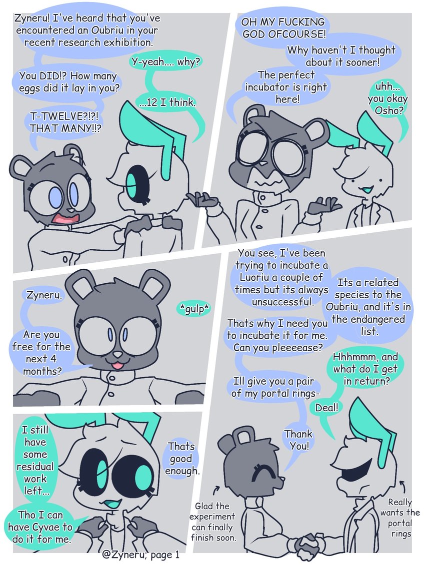 antennae_(anatomy) anthro blue_eyes dialogue duo female fur grey_body grey_fur male profanity speech_bubble text white_body white_fur zyneru osho_(zyneru) zyneru_(character) alien bear mammal comic english_text hi_res