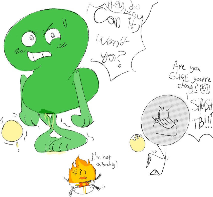 bladder bodily_fluids clean_diaper clothed clothing desperation dialogue diaper full_bladder genital_fluids omorashi organs urine wearing_diaper wetness_indicator wetting lemonpee battle_for_dream_island object_shows firey_jr_(bfb) golf_ball_(bfdi) two_(bfb) algebralian animate_inanimate inanimate_object