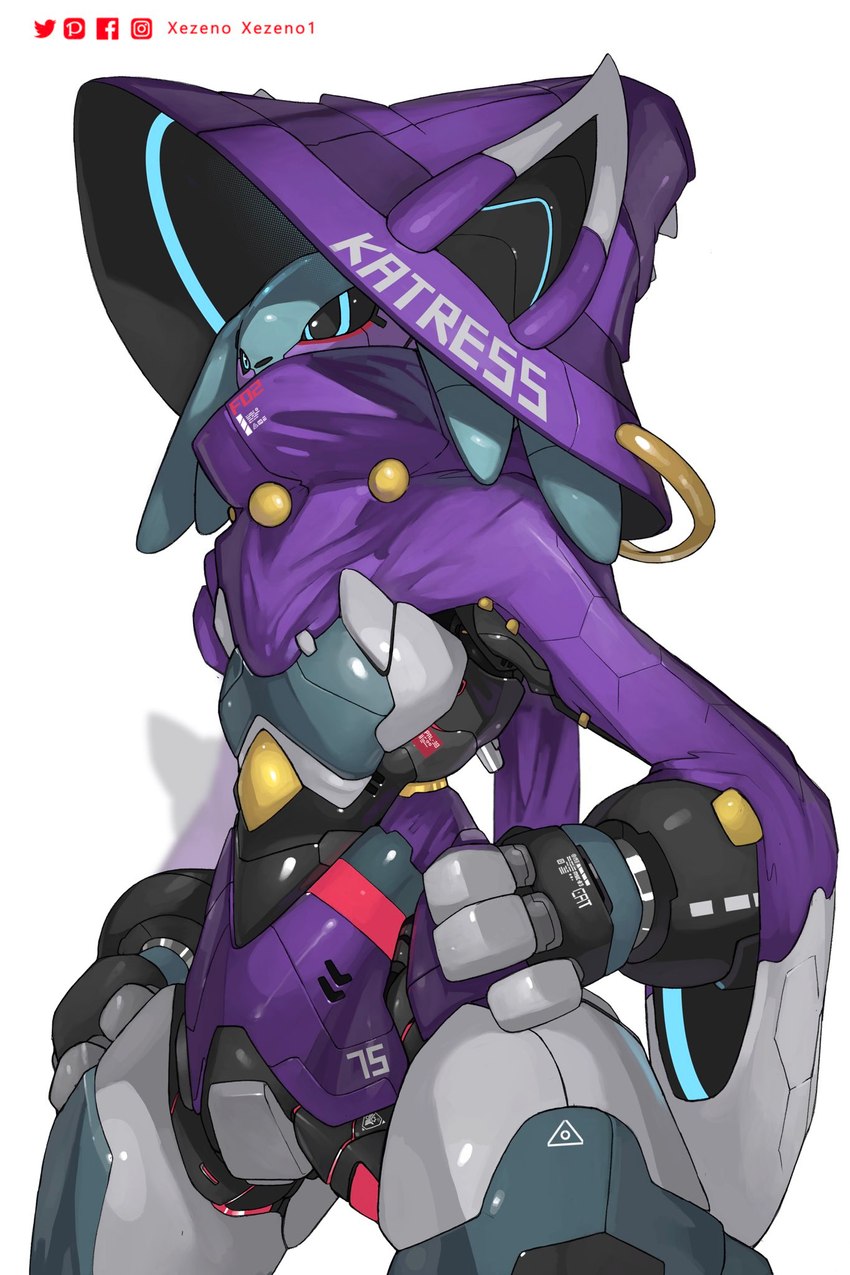 alternate_species ambiguous_gender anthro blue_eyes clothing facebook_logo grey_body hat headgear headwear instagram_logo machine magic_user metallic_body pixiv_logo purple_clothing simple_background solo tron_lines twitter_logo white_background witch witch_hat xezeno facebook instagram palworld pixiv pocketpair twitter felid katress mammal pal_(species) robot 2024 artist_name hi_res portrait shaded three-quarter_portrait