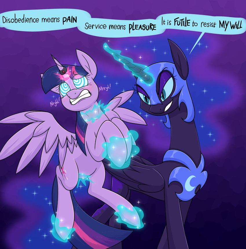 abstract_background armor asphyxiation brainwashing choking clenched_teeth cutie_mark dialogue dominant dominant_female duo evil_grin female female/female feral headgear helmet hooves horn horn_jewelry horn_ring hypnotic_eyes jewelry levitation magic_bondage magic_suppression mind_break mind_control peytral quadruped ring_(jewelry) simple_background smile speech_bubble spread_wings teeth villain_dominating_hero villainess villains_win wings moonatik friendship_is_magic hasbro my_little_pony mythology nightmare_moon_(mlp) twilight_sparkle_(mlp) equid equine mammal mythological_creature mythological_equine winged_unicorn absurd_res digital_drawing_(artwork) digital_media_(artwork) hi_res