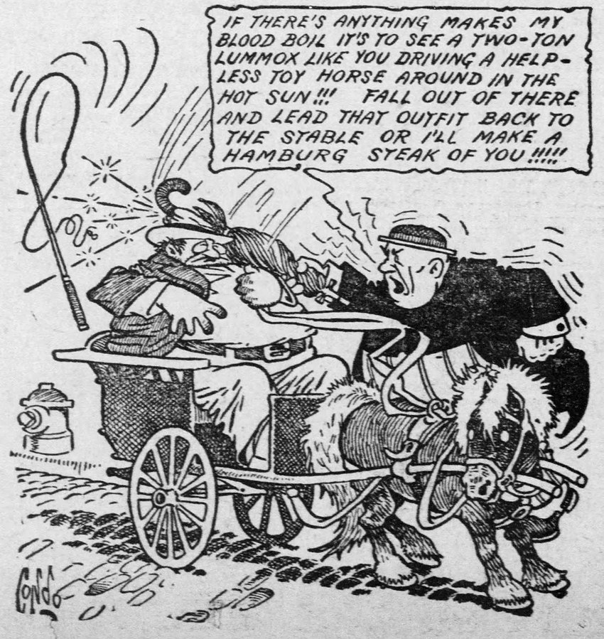 ambiguous_gender angry bridle carriage clothed clothing empty_eyes feral fire_hydrant fully_clothed group hair hat headgear headwear hitting_another hitting_head male mane obese overweight reins street text trio umbrella whip a.d._condo the_outbursts_of_everett_true everett_true equid equine horse human mammal miniature_horse 1908 20th_century ancient_art black_and_white comic english_text hi_res monochrome