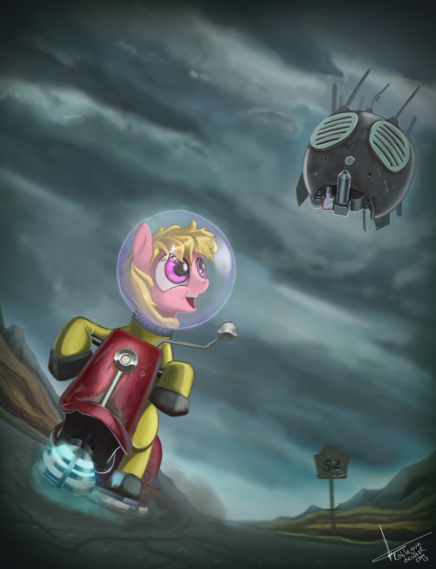 ambiguous_gender blonde_hair detailed_background duo feral hair hazmat_suit hooves machine open_mouth pink_eyes sky smile teeth young rublegun fallout fallout_equestria foe:_pink_eyes friendship_is_magic hasbro microsoft my_little_pony fan_character puppysmiles_(fallout_equestria) earth_pony equid equine eyebot eyebot_(fallout) horse mammal pony robot crossover hi_res