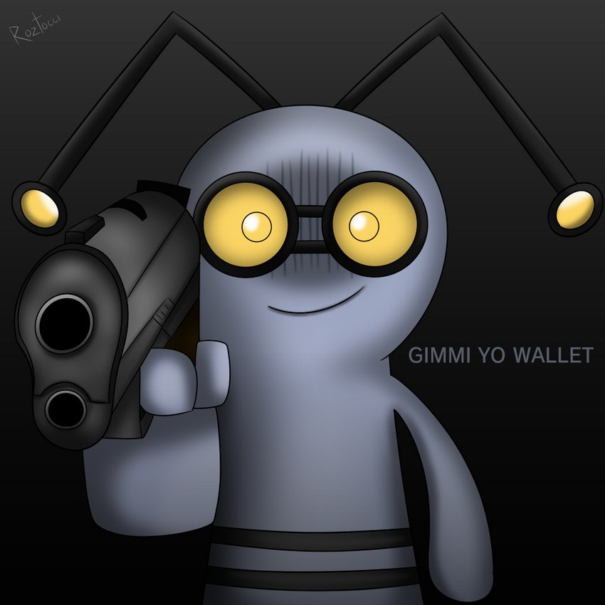 ambiguous_gender antennae_(anatomy) black_antennae black_background closed_smile dialogue earless glistening glistening_antennae glistening_eyes grey_background gun happy holding_gun holding_object holding_ranged_weapon holding_weapon humor long_antennae looking_at_viewer mouth_closed noseless not_furry nude o_o pointing_gun_at_viewer pun raised_arm ranged_weapon round_head shadow simple_background smile smiling_at_viewer solo standing talking_to_viewer text threatening threatening_with_weapon threatening_words weapon wide_eyed yellow_antennae yellow_eyes yellow_sclera roztocci nintendo pokemon generation_9_pokemon gimmighoul gimmighoul_(roaming_form) humanoid pokemon_(species) 1:1 2022 english_text portrait reaction_image signature