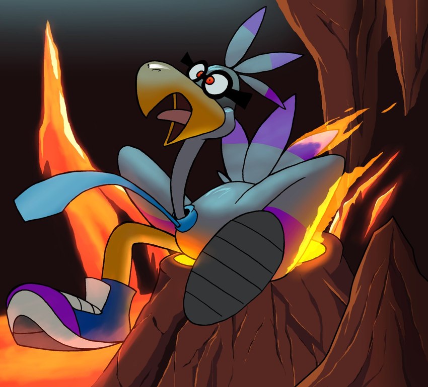 ambiguous_gender anthro beak burning butt_on_fire clothing eyewear feathers fire footwear glasses hand_on_butt lava necktie pain shoes solo tail tail_feathers tail_on_fire tongue ryex-617 avian bird cuculiform new_world_ground_cuckoo roadrunner hi_res