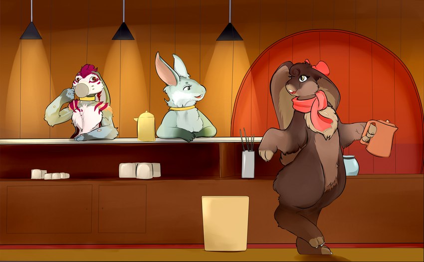 beverage bow_ribbon cafe coffee coffee_shop collar door female lights male scarf hare lagomorph leporid mammal rabbit hi_res