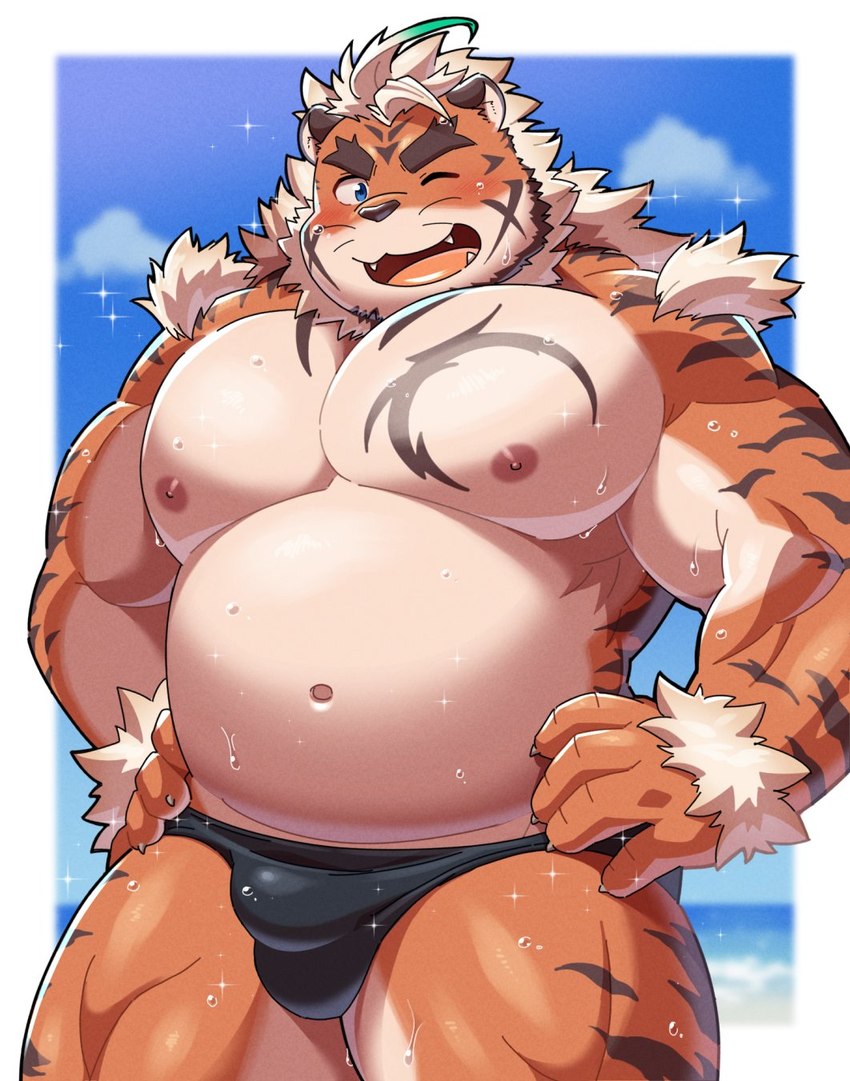 ahoge anthro belly blush bulge clothing detailed_bulge eyebrows fur hair male musclegut muscular navel nipples one_eye_closed orange_body orange_fur pecs solo speedo striped_body striped_fur stripes swimwear tattoo thick_eyebrows wet white_hair wink diru11 lifewonders tokyo_afterschool_summoners hombre_tigre_(tas) felid mammal pantherine tiger hi_res