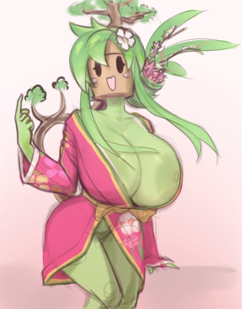 areola asian_clothing big_breasts black_eyes breasts clothing east_asian_clothing female for_a_head green_areola green_body green_hair green_nipples hair huge_breasts japanese_clothing kimono looking_at_viewer nipples not_furry open_mouth plant solo thick_thighs plantpenetrator blaster_master kanna_(blaster_master) elemental_creature elemental_humanoid flora_fauna humanoid 2023 hi_res