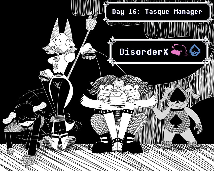 all_fours ambiguous_gender anthro assisted_exposure bdsm bound clothing collar crouching female genitals group legs_tied machine petplay pussy roleplay text torn_clothing himitsu deltarune undertale_(series) kris_(deltarune) lancer_(deltarune) susie_(deltarune) tasque_manager darkner felid human humanoid mammal robot scalie 2021 5:4 black_and_white digital_media_(artwork) english_text hi_res monochrome sketch spot_color