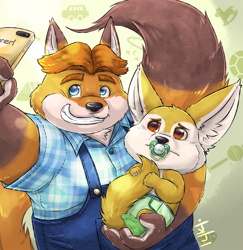 anthro black_nose blue_eyes brown_eyes clothed clothing diaper duo fur humiliation male object_in_mouth pacifier pacifier_in_mouth selfie simple_background size_difference smile wearing_diaper aotoaka disney zootopia finnick_(zootopia) gideon_grey canid canine fennec_fox fox mammal red_fox true_fox 2019 hi_res