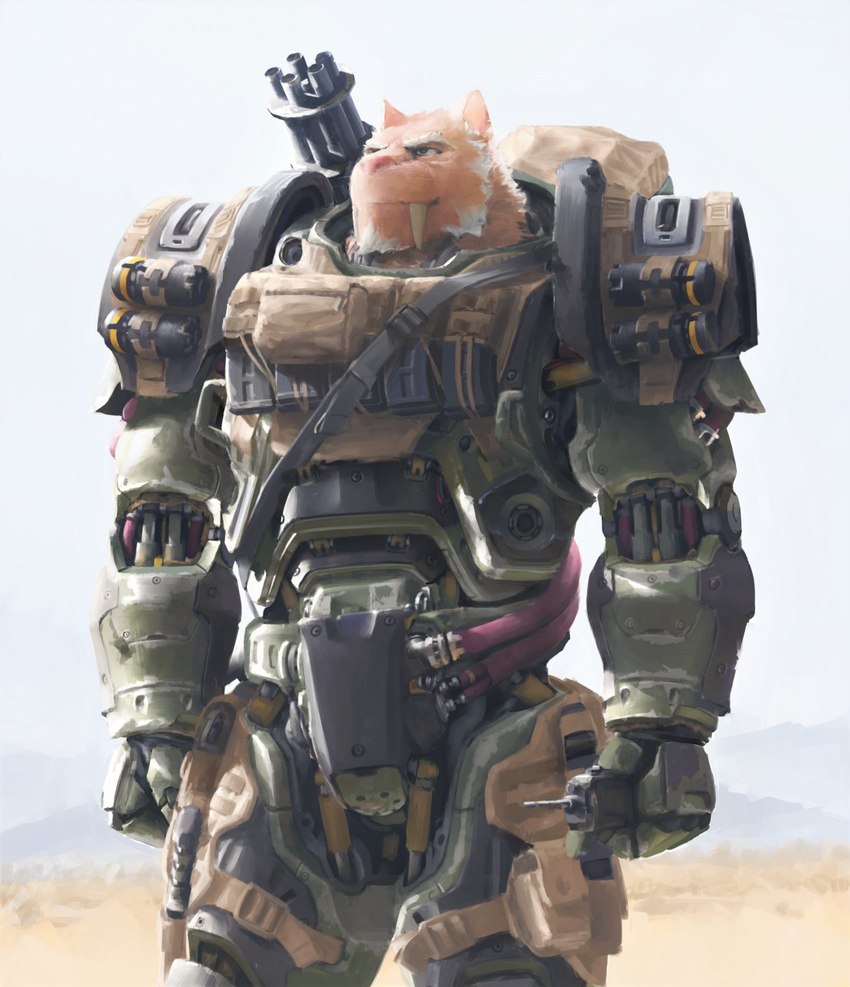 anthro armor beard biped day eyebrows facial_hair fangs fur gatling_gun green_armor green_eyes gun harness holding_object holster machine machine_gun magazine male outside pink_nose power_armor ranged_weapon sabertooth_(anatomy) shoulder_cannon sky solo standing tan_body tan_fur teeth tuft weapon weapon_on_back white_beard white_eyebrows white_facial_hair saberzelgrath saber_zelgrath_(character) felid mammal prehistoric_species saber-toothed_tiger smilodon smilodon_fatalis digital_media_(artwork) hi_res