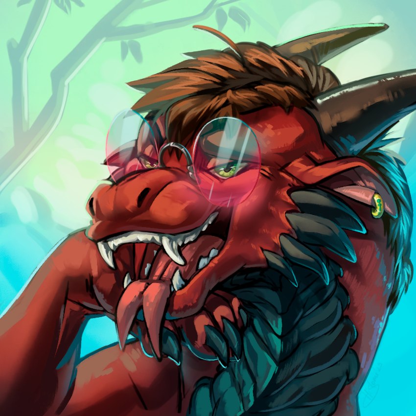 2_horns anthro blush eyewear forked_tongue glasses horn male red_body scales solo tongue tongue_out alakur mythology ray_vanhem dragon mythological_creature mythological_scalie scalie 1:1