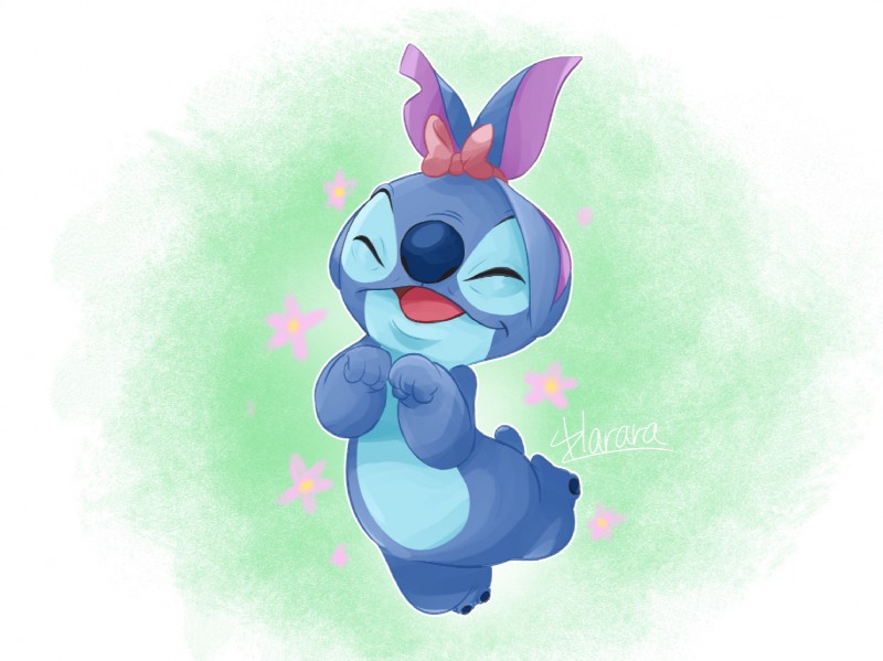 blue_body blue_nose eyes_closed flower holidays notched_ear open_mouth open_smile outline plant simple_background small_tail smile solo tail tied_ears harara disney easter lilo_and_stitch stitch_(lilo_and_stitch) alien experiment_(lilo_and_stitch) 2019 signature