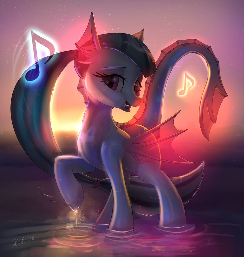 blue_body blue_hair blue_skin female feral fin hair hooves membrane_(anatomy) membranous_wings open_mouth purple_eyes sand solo standing v_bangs water wings xbi equestria_girls hasbro my_little_pony sonata_dusk_(eg) equid equine horse hybrid mammal pony siren absurd_res hi_res