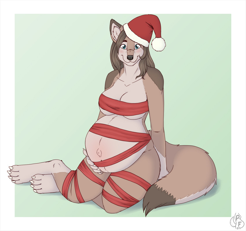 anthro belly big_belly breasts christmas_clothing christmas_headwear clothing female hat headgear headwear holidays pregnant pregnant_anthro pregnant_female ribbons santa_hat solo derrysome geckoguy123456789 christmas jennifer_(geckoguy123456789) canid canine canis mammal wolf hi_res