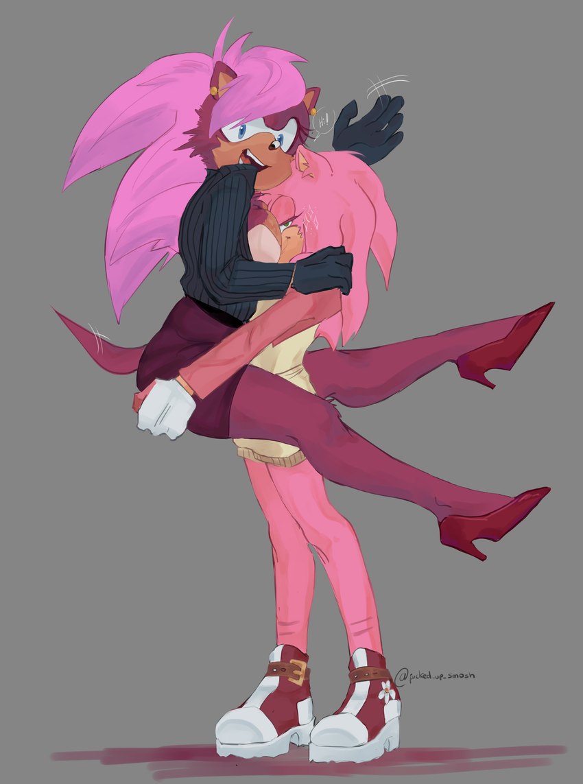 anthro blue_eyes boots bottomwear carrying_another clothing duo ear_piercing ear_ring female female/female footwear fur gloves green_eyes handwear high_heels piercing pink_body pink_fur profanity purple_body purple_fur ring_piercing shirt shoes shorts skirt text topwear fucked_up_smosh sega sonic_the_hedgehog_(series) sonic_underground taller_lesbian_and_shorter_lesbian amy_rose sonia_the_hedgehog eulipotyphlan hedgehog mammal absurd_res english_text hi_res meme