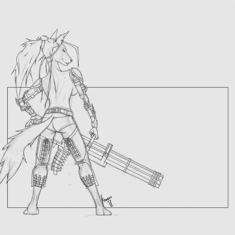 anthro chaps clothed clothing cybernetics female gatling_gun gun hair lace m_134 machine machine_gun minigun ponytail prosthetic ranged_weapon solo tail topless weapon krinkels cyera 1:1 monochrome