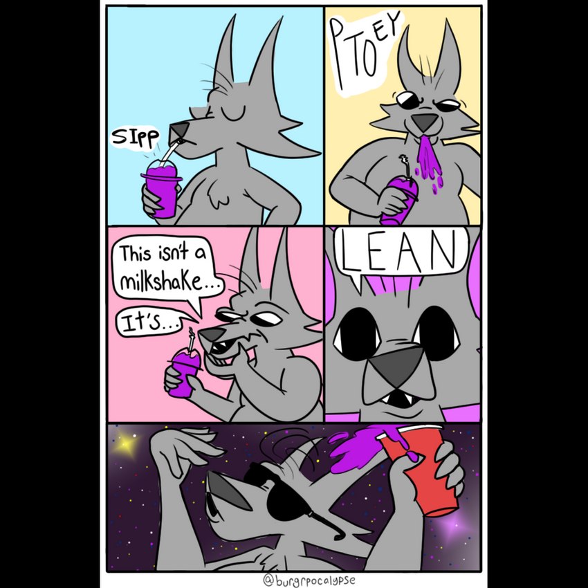 anthro beverage chest_tuft dialogue drinking eyewear humor lean_(beverage) male solo spilling_drink spit-take sunglasses text tuft burgerpocalypse grimace_shake mcdonald's canid canine canis coyote mammal 1:1 alpha_channel comic english_text meme