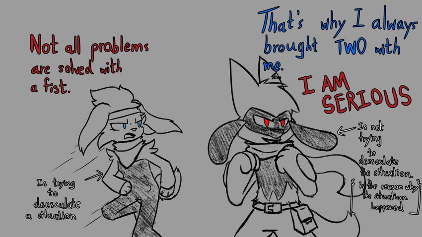 ambiguous_gender anthro bag biped blue_eyes dialogue directional_arrow duo eyelashes fur motion_lines paws red_eyes red_text scarf standing talking_to_another text white_text novaarts nintendo pokemon pokemon_mystery_dungeon spike_chunsoft generation_4_pokemon generation_8_pokemon pokemon_(species) raboot riolu 2024 digital_media_(artwork) english_text hi_res sketch