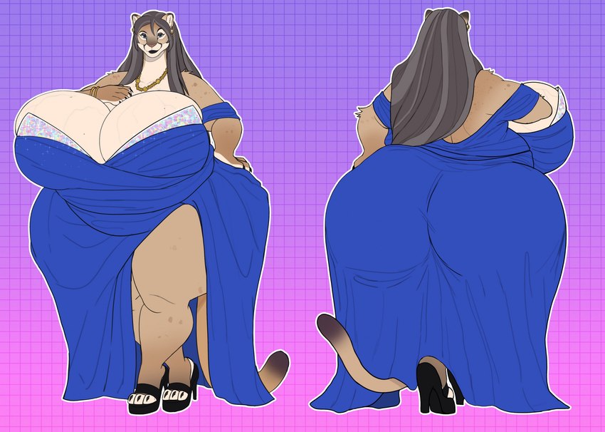 anthro big_breasts big_butt biped black_clothing black_eyeshadow black_footwear black_high_heels black_lips blue_clothing blue_dress blue_eyes breasts brown_body brown_fur butt clothing countershade_face countershade_fur countershade_neck countershade_torso countershading curvy_figure dress ear_piercing evening_gown eyeshadow eyewear female footwear front_view fur geometric_background gradient_background grey_hair grid_background hair hand_on_breast hand_on_hip hand_on_own_breast high_heels huge_breasts huge_butt huge_hips huge_thighs jewelry lips liver_spots long_hair looking_at_viewer makeup male mature_anthro mature_female multiple_angles natural_breasts necklace outline pattern_background piercing pink_background platform_footwear platform_heels purple_background rear_view ring_(jewelry) shoes simple_background slit_dress smile smiling_at_viewer solo tan_body tan_fur thick_bottom_lip thick_thighs three-quarter_view vein veiny_breasts venus_figure voluptuous voluptuous_anthro voluptuous_female white_outline wide_hips vintagart catherine_(noeticred) cougar felid feline mammal 2025 digital_media_(artwork) hi_res