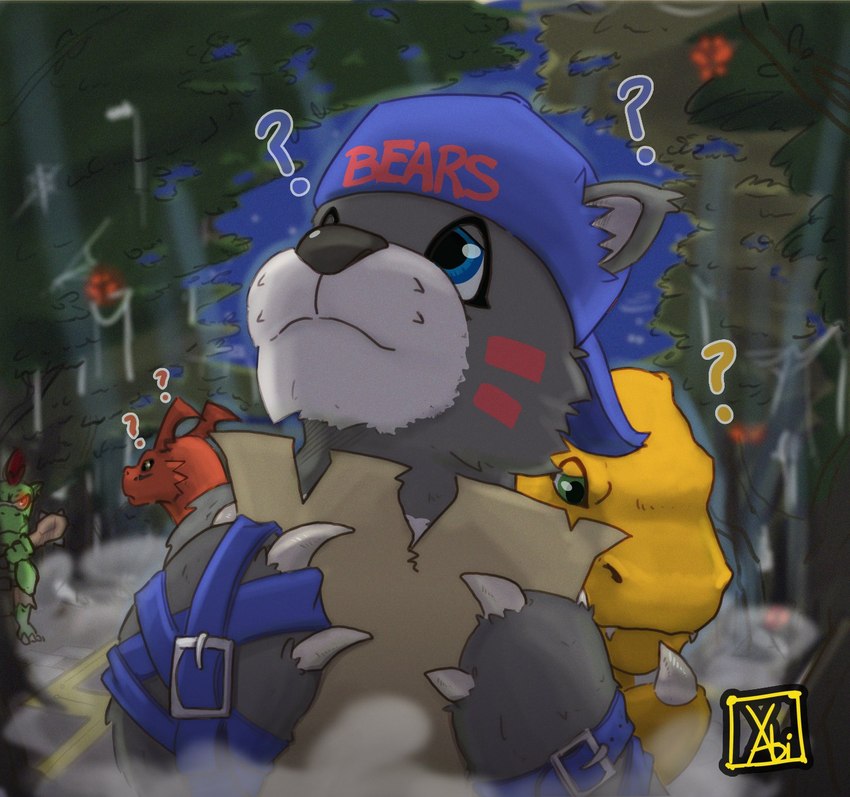 ambiguous_gender anthro backwards_baseball_cap backwards_hat baseball_cap brown_body brown_fur clothing confusion detailed_background forest fur group hat headgear headwear lost outside paper plant question_mark tree yellow_body xabimaruru bandai_namco digimon agumon bear bearmon digimon_(species) goblimon guilmon mammal hi_res