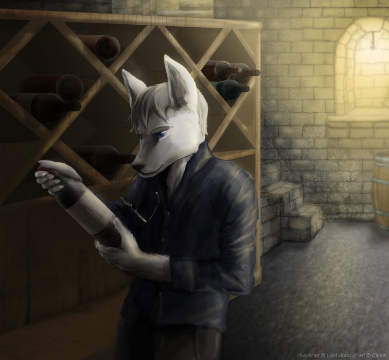 alcohol anthro beverage biped bottle cellar classy clothing container dress_shirt eyewear fur glasses hair holding_bottle holding_container holding_object long_ears male perspective shirt solo standing topwear wine ciirka lordvictor victor_komparu canid canine canis jackal mammal 2014