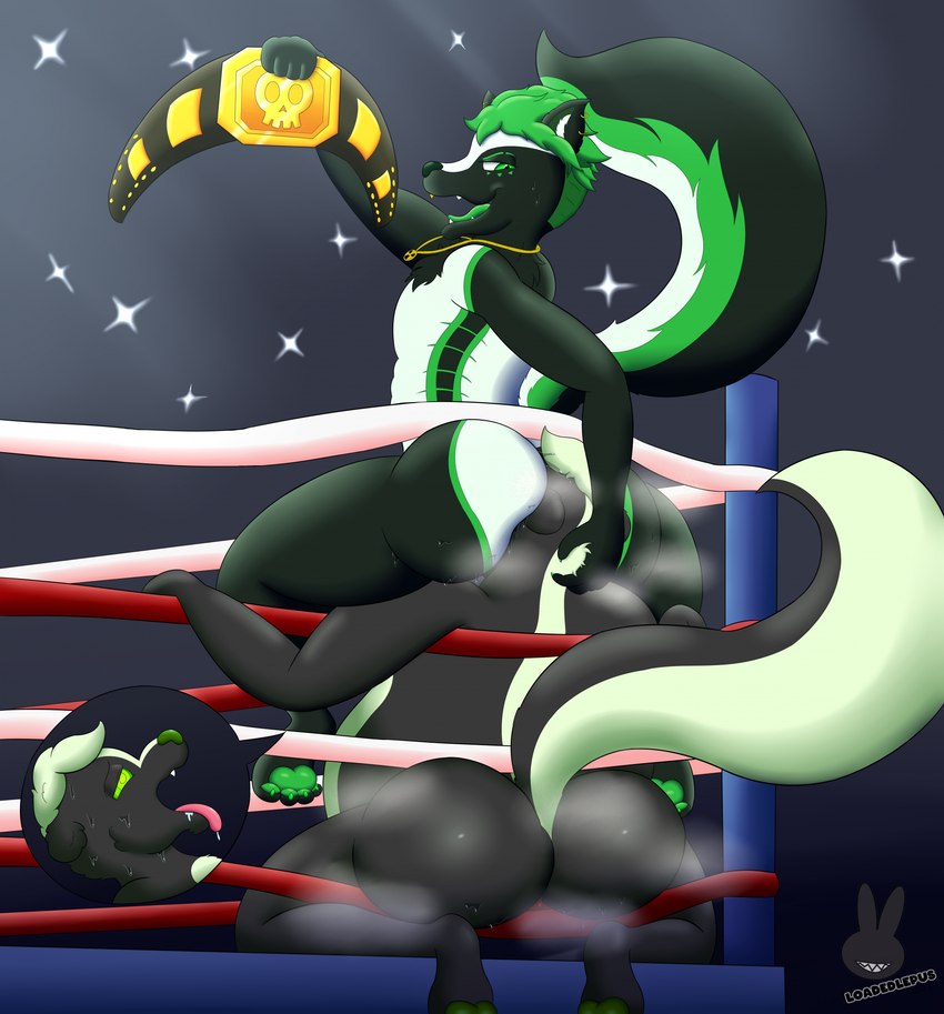 anthro bodily_fluids butt defeat duo fighting_ring male male/male musk musk_clouds musk_worship musky_butt raised_tail smelly stinkface sweat sweaty_butt tail wrestler wrestling loadedlepus nt_skunkington mammal mephitid skunk hi_res