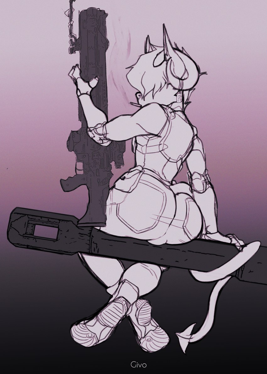 anthro bulge clothing femboy gun horn male pose ranged_weapon smoking solo suggestive tank uniform vehicle weapon givo planetside_2 volt_(voltaicharbor32) canid canine mammal absurd_res hi_res pinup sketch