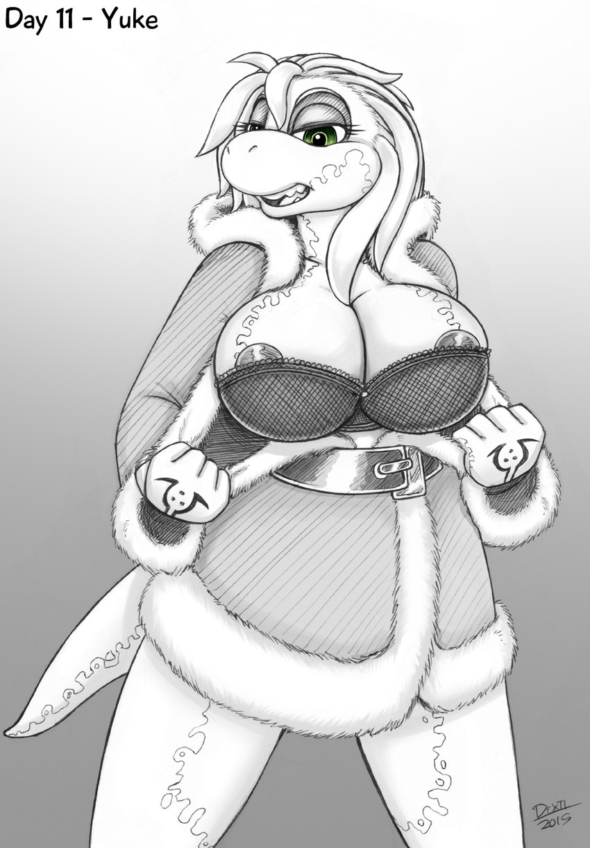 anthro areola areola_slip big_breasts bra breasts christmas_clothing cleavage clothed clothing female green_eyes hand_tattoo holidays solo tattoo underwear undressing drxii christmas yuke_(drxii) nushi scalie 2015 hi_res traditional_media_(artwork)